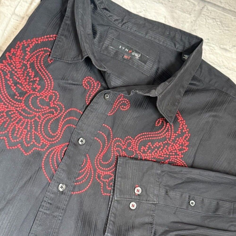 Synrgy Embroidered Paisley Wings Button-Up Mens 4XLT Shirt Long Sleeve Clubbing